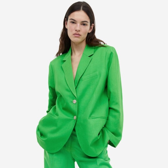 H&M Linen Blend Neon Kelly Green Blazer Jacket - Picture 2 of 10